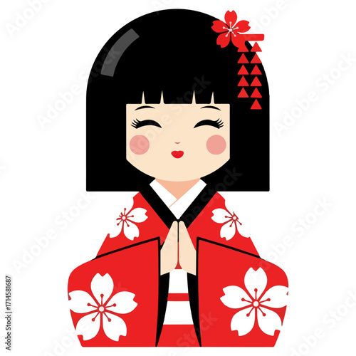 Japanese Kokeshi doll with red kimono and floral design.