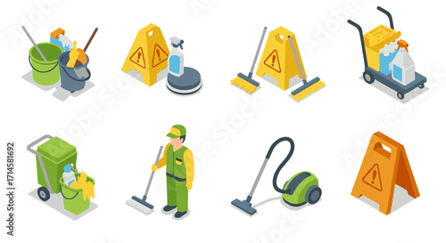 Cleaning equipment and safety signs in isometric style for professional maintenance services