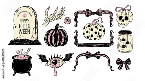 Retro Halloween Vintage Whimsical Clipart Spooky Icon Print Set With Pumpkin, Skull, Cauldron, Eye and Spider Jar