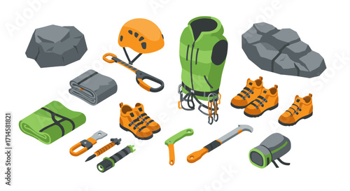 Isometric camping and climbing gear with equipment and accessories for outdoor adventures
