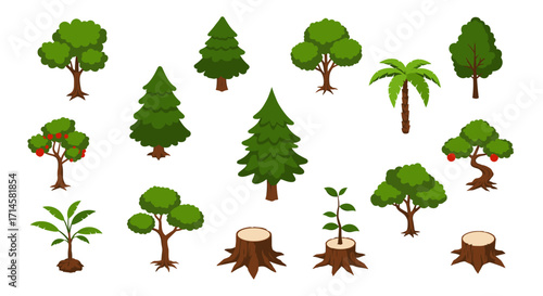 Lush tree collection with stumps and saplings on white background
