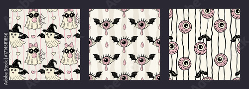 Retro Halloween Vintage Vector Set  Whimsical Seamless Pattern Background Pink Spooky Fabric With Ghost, Eyeball And Bat Wing