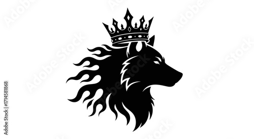 A striking black silhouette of a wolf's head adorned with a regal crown, set against a clean white background.