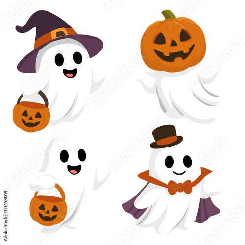 Collection of four cute Halloween ghost characters wearing witch hat, pumpkin head, trick or treat bucket, and gentleman cape perfect for party decoration and seasonal design