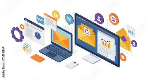 Isometric digital communication and data analytics concept with devices