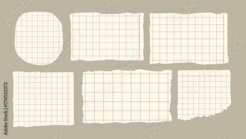 Greed Paper Lined Torn Sheet Notebook Ripped Background Set Vector Grid Note Retro Page Collection