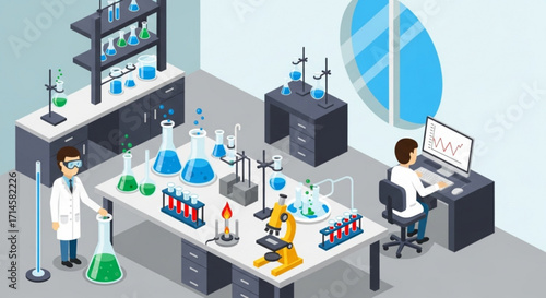 Illustration of science laboratory with scientist experiment and research equipment for education and study