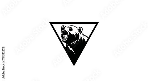 A black and white graphic illustration of a roaring bear's head inside a downward-pointing triangle.