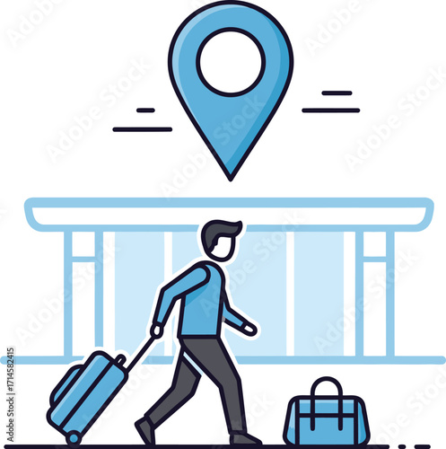Traveler with luggage arriving at destination marked by a location pin icon