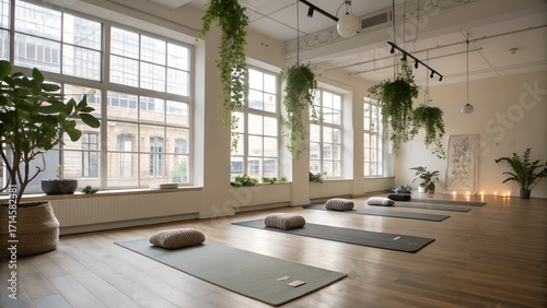 Bright and spacious yoga studio with multiple mats, cushions, and lush green hanging plants, featuring large windows and a serene atmosphere.