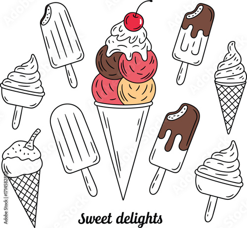 Assortment of hand drawn ice cream and popsicles with cherry topping and text frozen dessert sweet