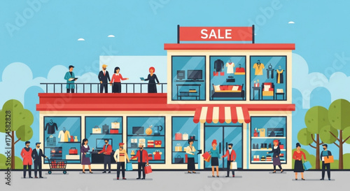 Sale shopping retail store front with customers buying fashion apparel and other merchandise on sale now