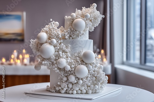 An elegant white wedding cake decorated with intricate sugar bubbles, creating a whimsical and airy design