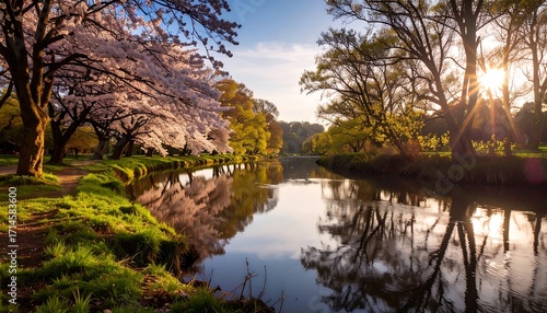 A serene spring sunrise over a calm river