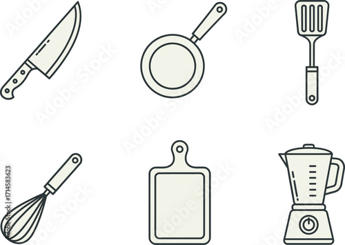 Clean line art illustrations of essential kitchen utensils and appliances set