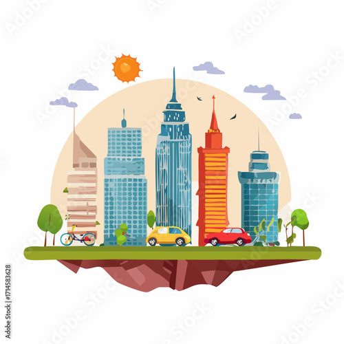 Vibrant vector illustration of a modern cityscape with skyscrapers and traffic on a surreal floating island in the sky