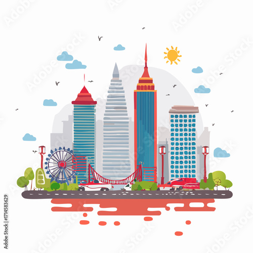 Vibrant Cityscape Illustration with Modern Architecture and Abstract Elements