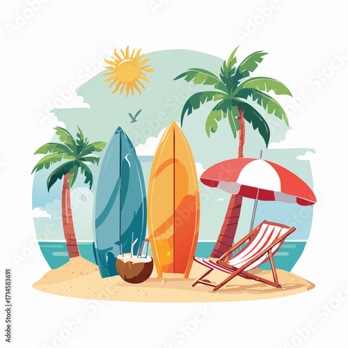 Tropical beach scene featuring surfboards, palm trees, a sun, a beach chair, and a refreshing coconut drink for summer fun