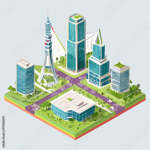 Isometric vector illustration of a modern green city with skyscrapers, parks, and infrastructure. A futuristic urban oasis concept