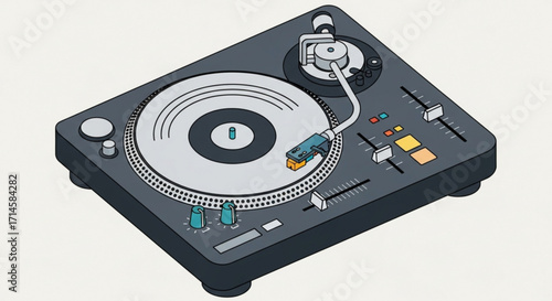 Vintage turntable record player dj equipment for vinyl music and audio listening in studio illustration