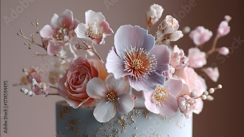 An ethereal wedding cake decorated with sugar flowers in pastel tones, evoking a delicate and dreamy vibe
