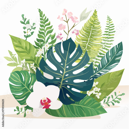 A lush and vibrant botanical arrangement of exotic tropical leaves and flowers, featuring monstera, fern, and a white orchid