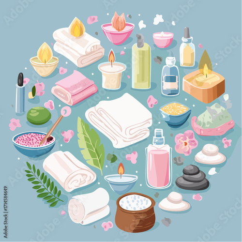 Illustrated collection of spa and wellness essentials in a circular design, featuring candles, massage stones, soft towels, and natural cosmetics for self-care