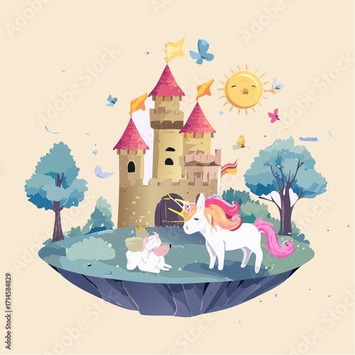 Enchanting Island Castle with Unicorns and a Dog in a Dreamy Landscape