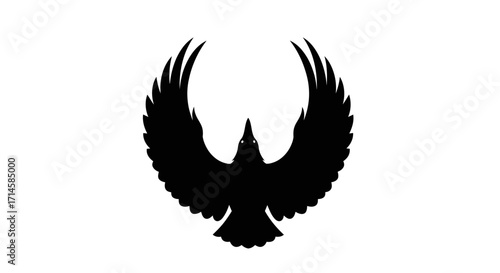 A striking black silhouette of a raven with its wings spread wide against a white background.