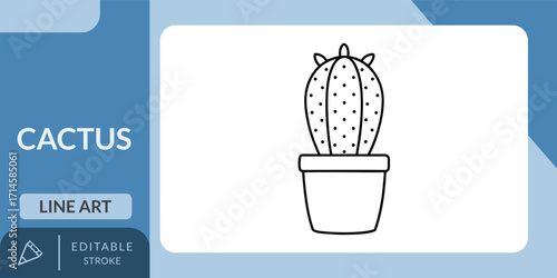 Cactus in Ceramic Planter Line Art Vector Illustration