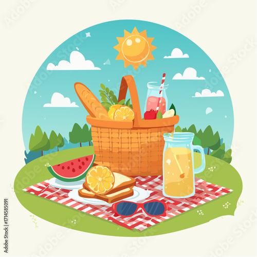 Vibrant cartoon illustration of a delightful summer picnic scene in a park with fresh food and drinks on a sunny day