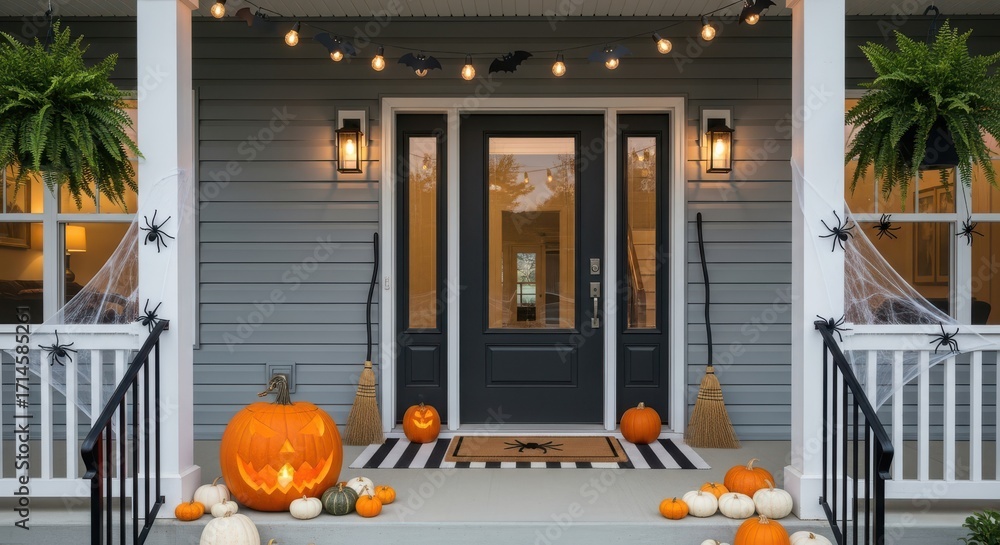 Obraz premium Festive Halloween Decorations Adorn a Welcoming Home Entrance