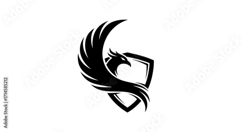 A striking black phoenix logo with outstretched wings and a shield emblem, symbolizing power and protection.