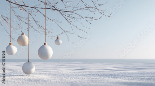 Minimalist Christmas Ornaments Hanging on Bare Winter Branch Over Snow Landscape