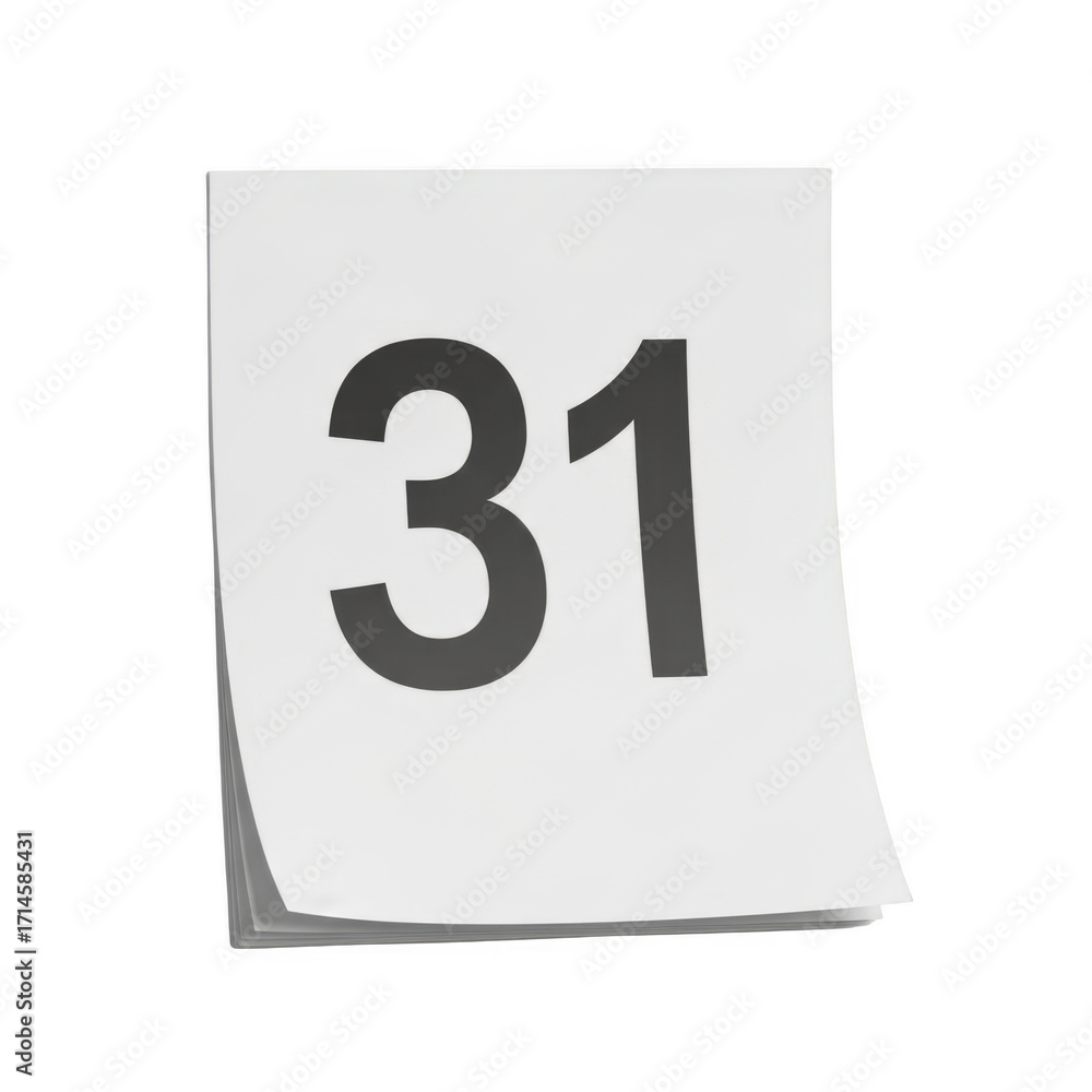 Fototapeta premium Calendar page with number 31 isolated on transparent background