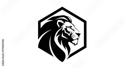 A striking black and white graphic logo featuring a lion's head within a hexagonal frame.