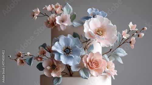 An ethereal wedding cake decorated with sugar flowers in pastel tones, evoking a delicate and dreamy vibe