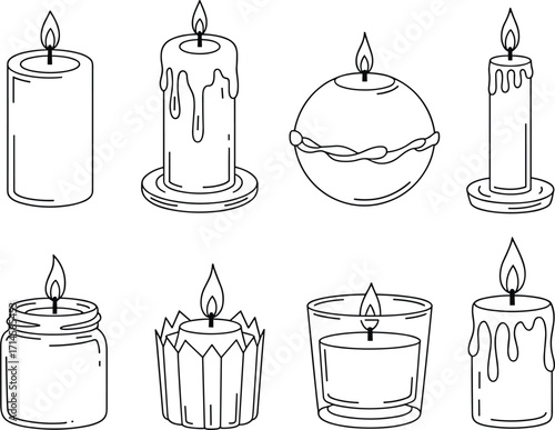 Collection of eight hand drawn candle illustrations in various shapes and styles candles drawing