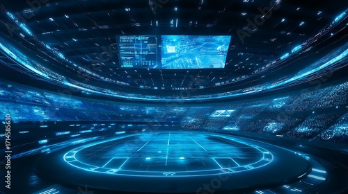 Futuristic stadium arena neon glow digital display sports competition esports gaming background render design