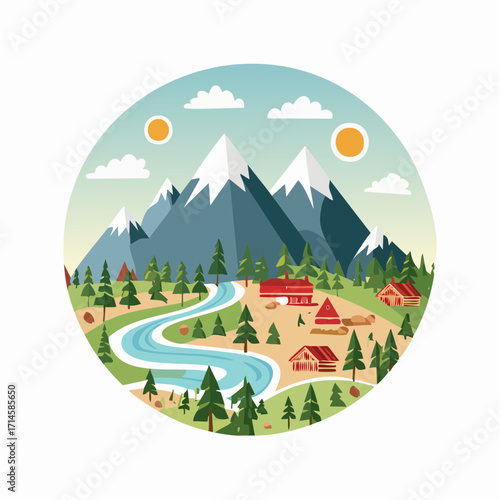 Charming alpine landscape illustration of a cozy wooden cabin village by a flowing river and majestic snow-capped mountains