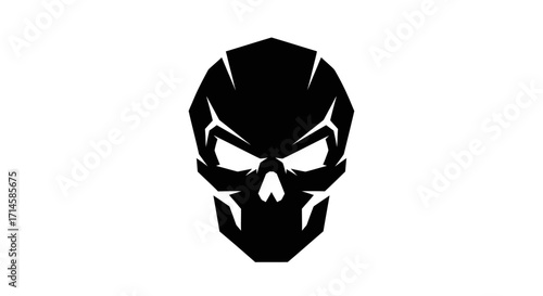 A stylized black skull with sharp angles and glowing eyes, set against a white background.
