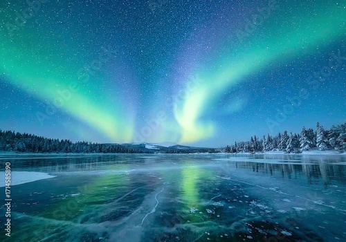 Aurora Borealis Dancing Over Frozen Lake at Night.