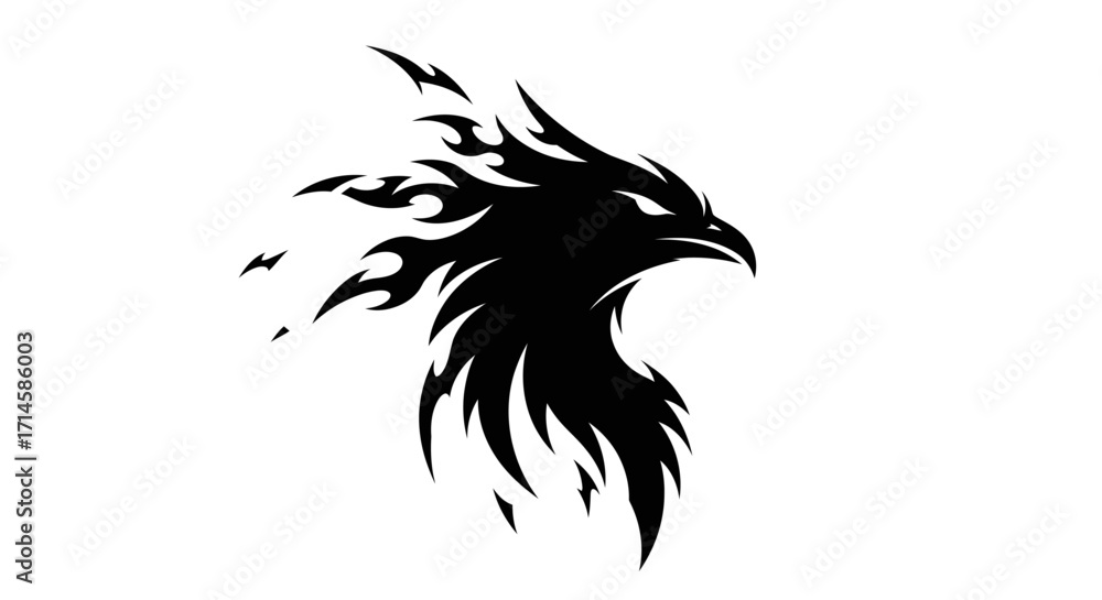 Fototapeta premium A striking black silhouette of a phoenix or eagle with fiery plumage, depicted in a dynamic, abstract style.