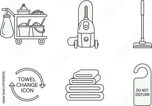 Set of hotel cleaning service icons including cleaning cart vacuum mop towels and do not disturb sign