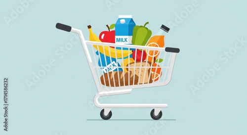 Grocery shopping cart full of healthy food and fresh produce for supermarket retail and nutrition concept