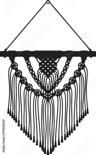 Detailed Macrame Wall Hanging Vector Illustration with Intricate Knots and Decorative Tassels