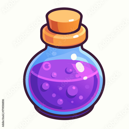 Vector illustration of a potion bottle with cork lid filled with glowing purple liquid 
