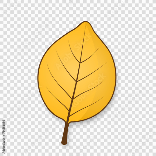 A yellow autumn leaf with a shadow is isolated on a transparent background