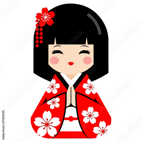 Japanese Kokeshi Doll in Traditional Red Kimono.