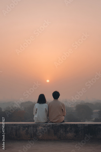 couple sits on old stone wall hand in hand gazing at sunset
